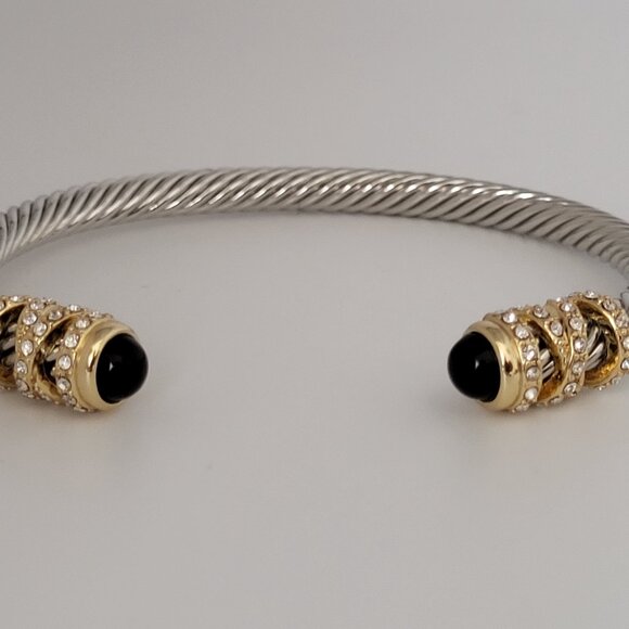 Silver Tone Braided Cuff Bracelet Gold Tone & Rhinestone Ends - Picture 3 of 7